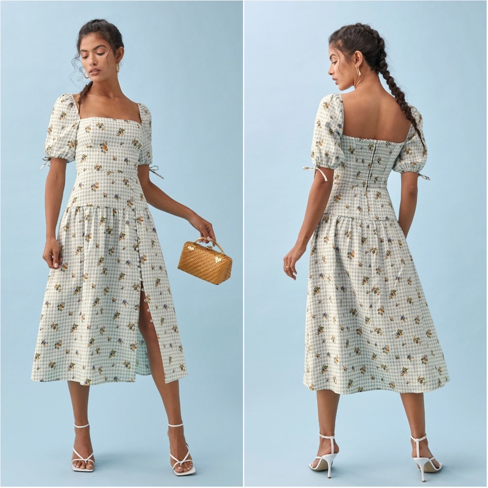 Reformation White Floral Midi Dress with Yellow & Green Print